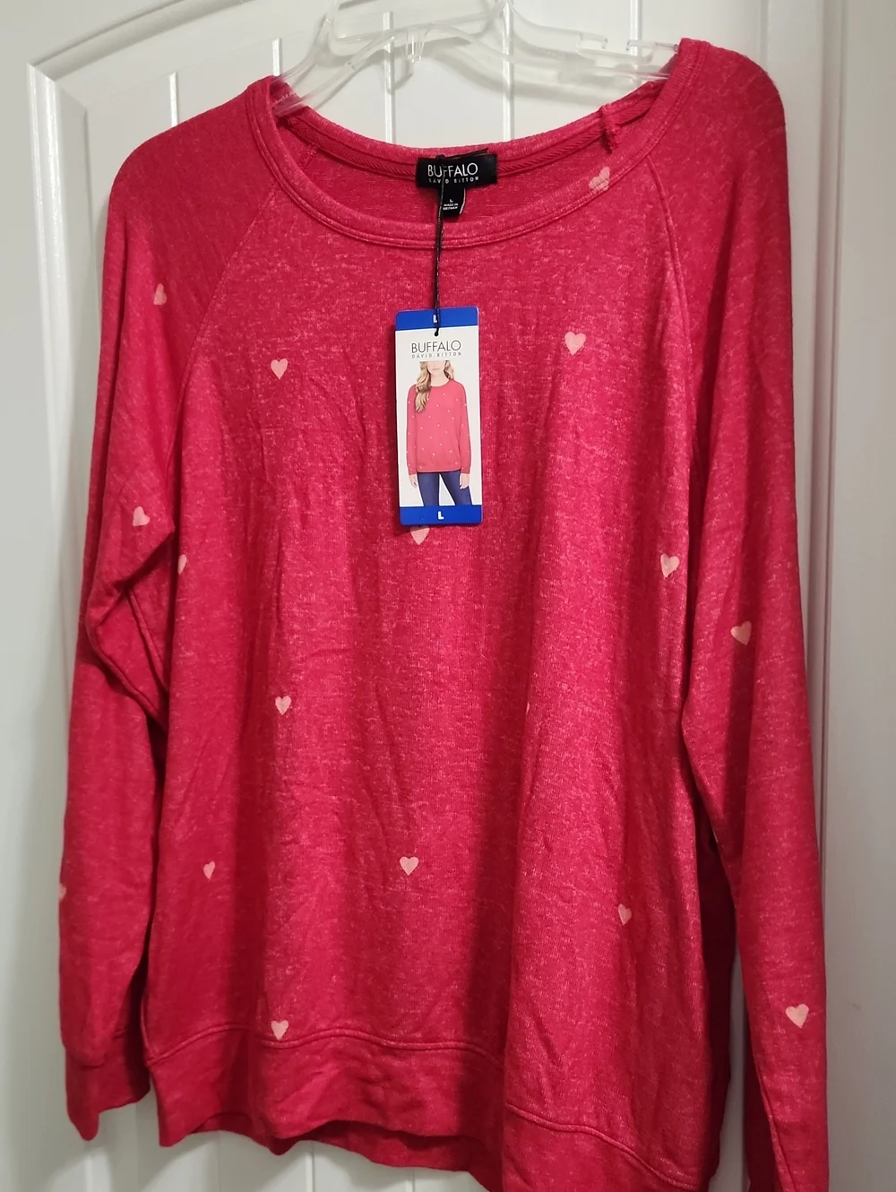Buffalo David Bitton Women's Red With Pink Hearts Scoop Neck Sweater